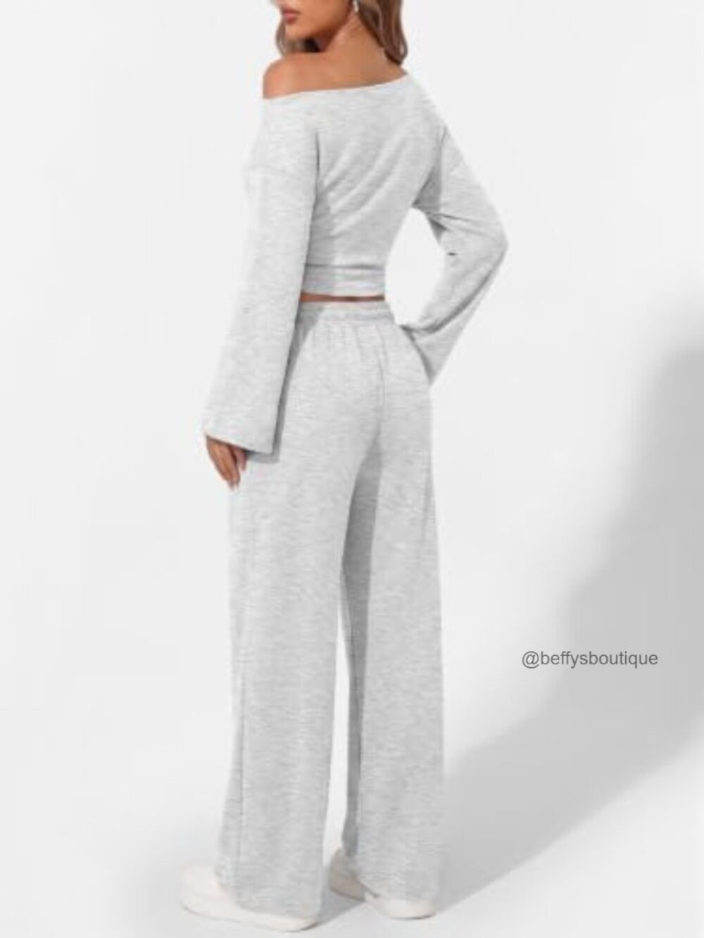 Womens Cotton Spandex Off Shoulder Ruched Top Wide Leg Pant Lounge Set - Picture 3 of 5